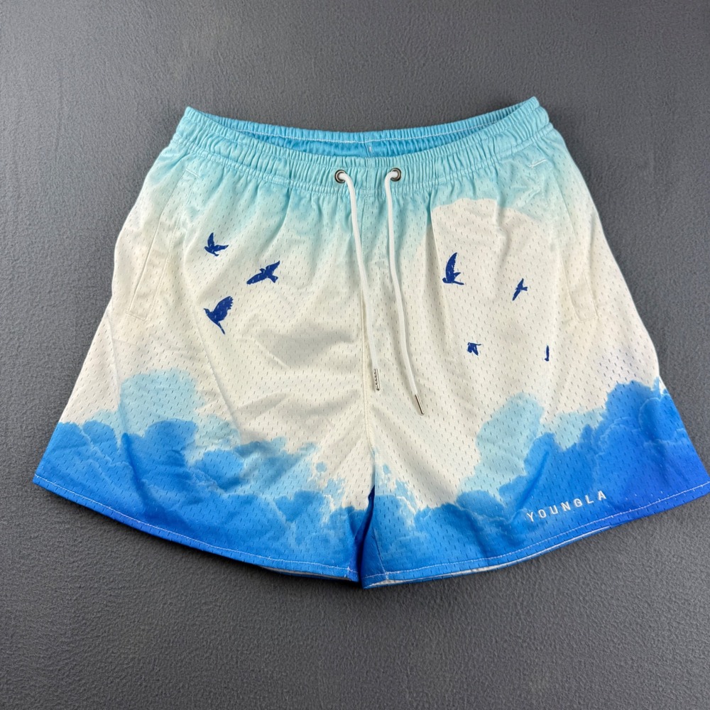YoungLA Shorts Men's L Blue Cloud Bird Mesh Gym Athletic Fitness AOP Sky 4"